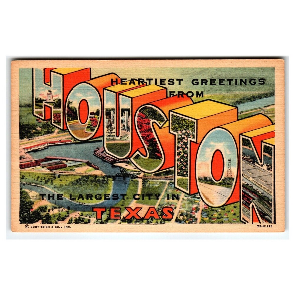 Vintage HOUSTON Texas Large Letter Postcard Curt Teich Heartiest Greetings